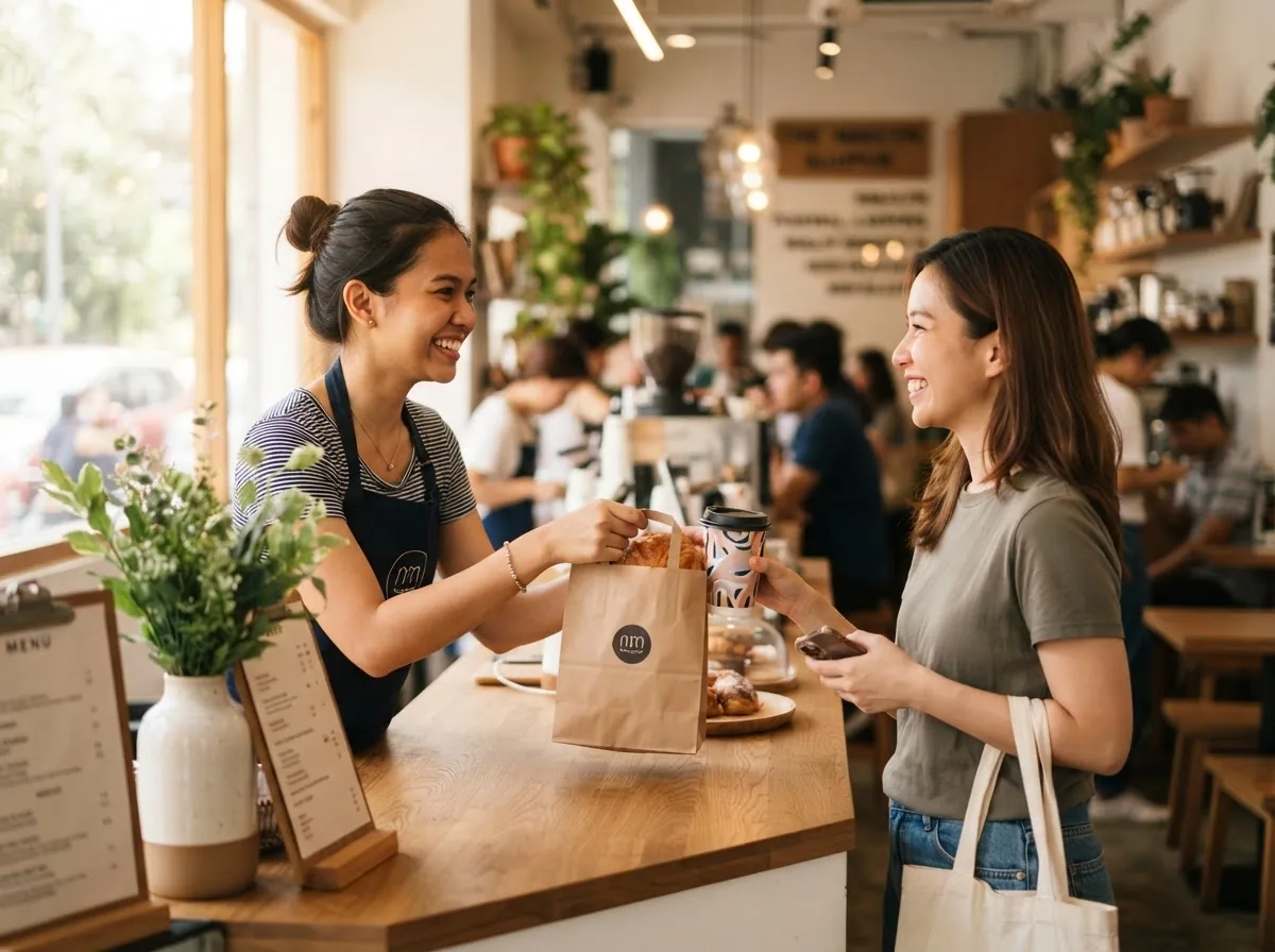 Cafe owner handing over KS packaging